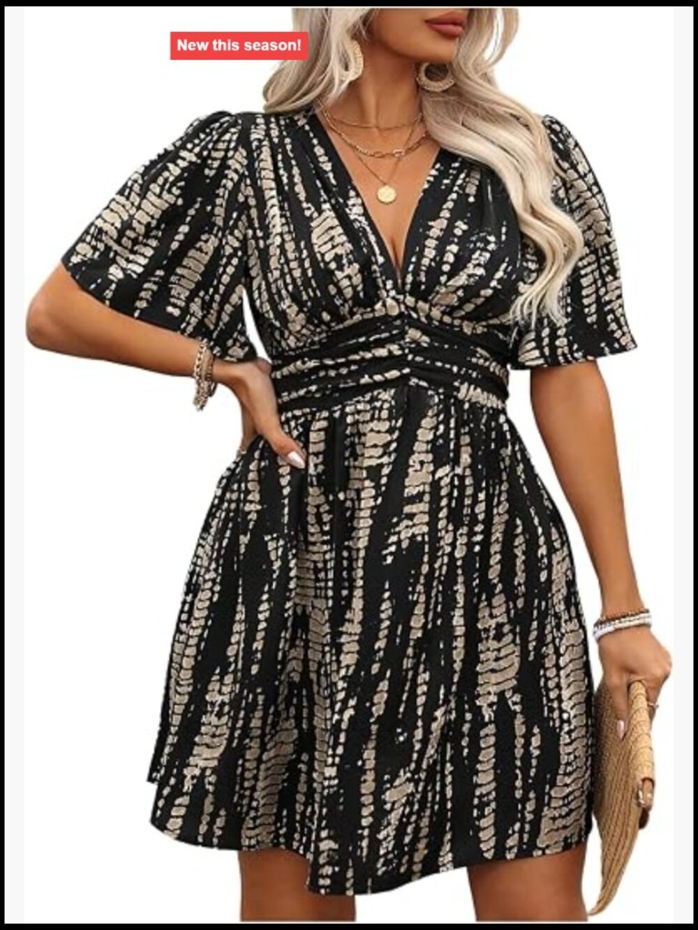Plus Size V-Neck Ruffle Print Short Sleeve Summer Dress
